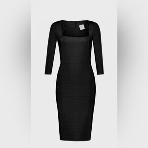 Herve Leger Paris Black Long Sleeve Dress SQUARE NECK ICON DRESS size XL
